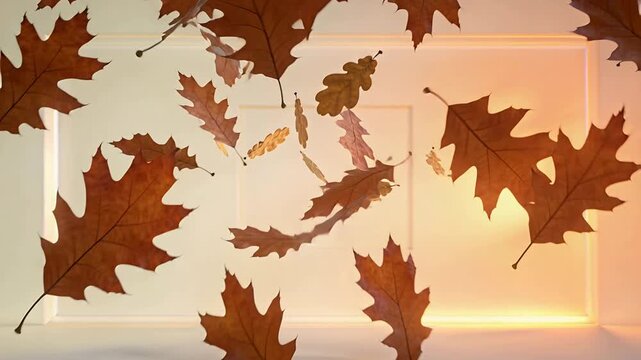 Drifting brown oak leaves moving across cream wall under warm orange light, pushed by right breeze