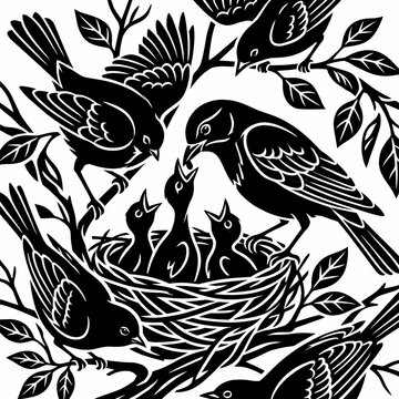 Black and White Bird Family Feeding Chicks in Nest &mdash; Silhouette Nature Illustration