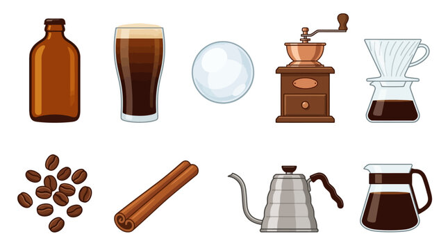 Cold brew coffee bottles and nitro coffee brewing equipment for specialty summer coffee shop signage