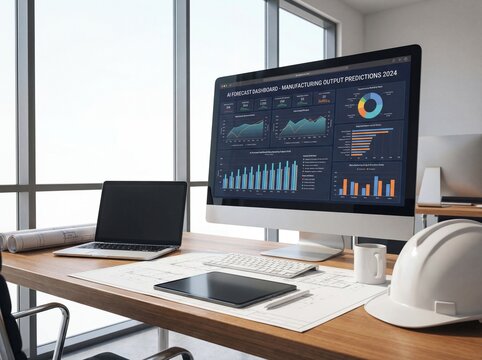 Engineer and AI Forecast Dashboard on Computer Screen with Hard Hat and Blueprints in Modern Office