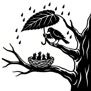 Mother Bird Sheltering Her Chicks Under a Leaf Umbrella on a Rainy Tree Branch