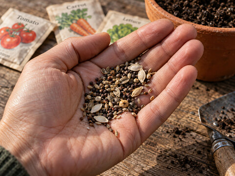 Close-up of a hand holding a mix of vegetable seeds with seed packets and a pot of soil in the background