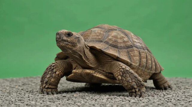 Textured brown tortoise extending its neck and blinking while standing on gravel against green screen backdrop
