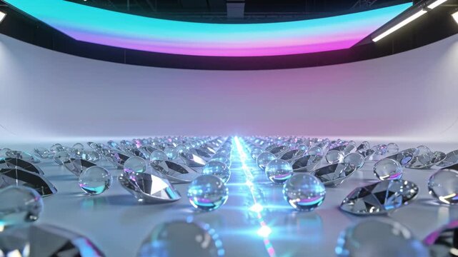 Moving camera pushing forward along cyclorama, revealing crystal spheres and gems to show glints