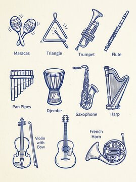 Hand-Drawn Musical Instrument Collection Featuring Guitar, Violin, Saxophone, and More in Blue Ink Sketch Style
