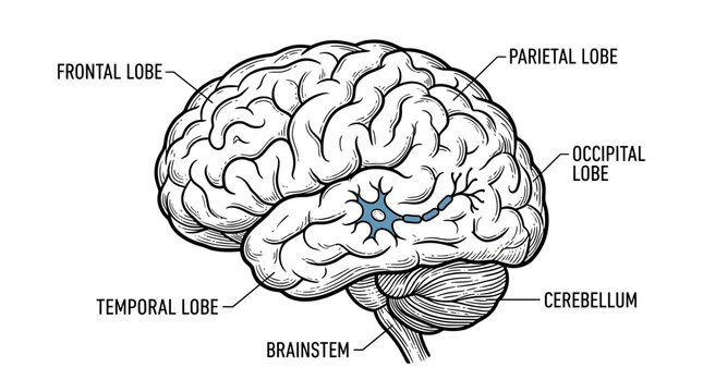Human Brain Anatomy Illustration with Lobe Labels