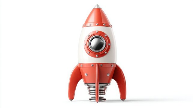 Red and white toy rocket ship isolated on white background for business startup concept