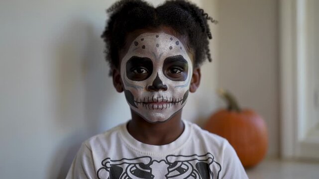Recording boy tilting head shifting eyes by window, with Halloween skull paint skeleton tee