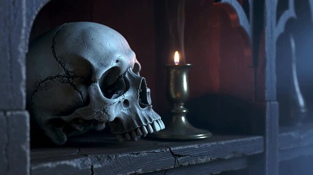 Flickering candle in brass holder lighting two stacked human skulls on cracked shelf, smoke curling