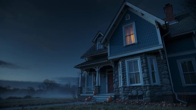 Panning camera revealing 2-story stone house at twilight, with warm upper window and porch pumpkins