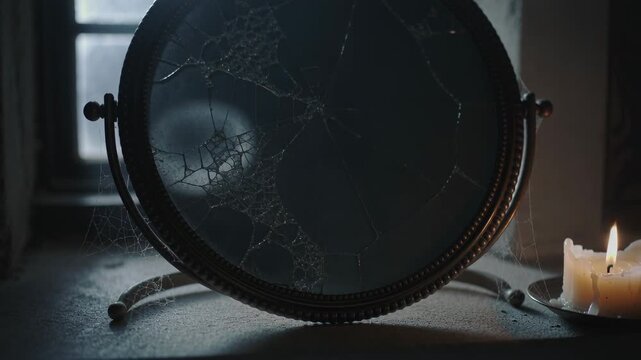 Flickering candle flame casting light across cracked round mirror on dusty table by window