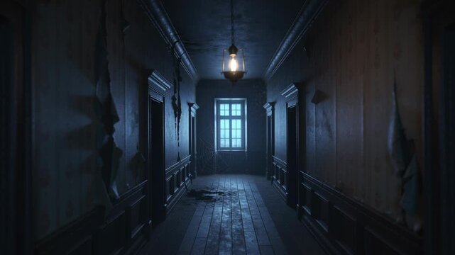 Flickering lantern casting glow down hall in vacant home, embers rising and drifting to blue window