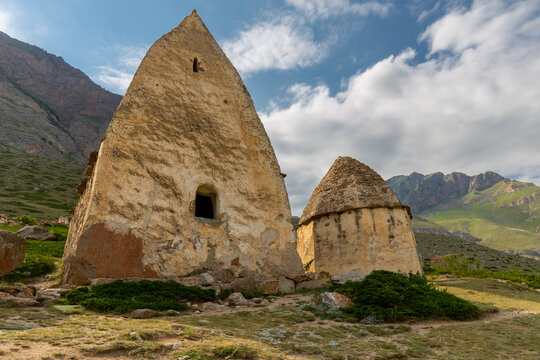 Tombs of City of Dead in village Eltyubyu, necropolis in North Caucasus mountains