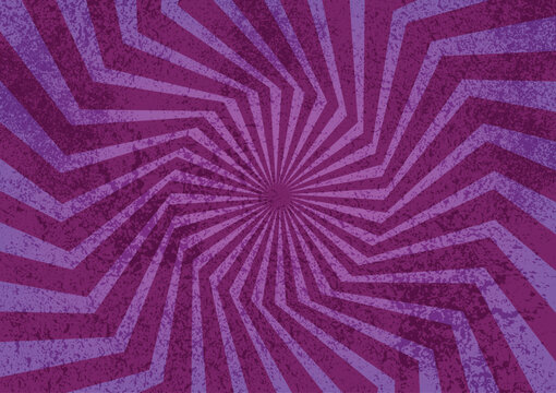 Purple grunge sunburst background with twisted rays and retro texture