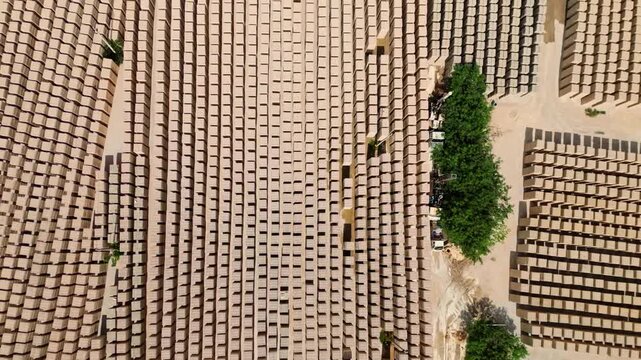 Aerial view of workers stacking mud bricks for drying