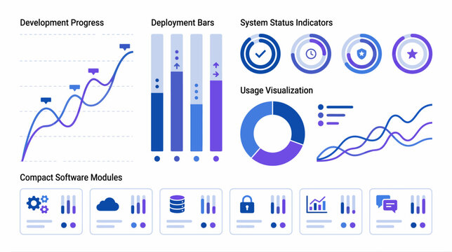 Assorted business dashboards and infographic elements featuring charts, graphs, and data visualizations.