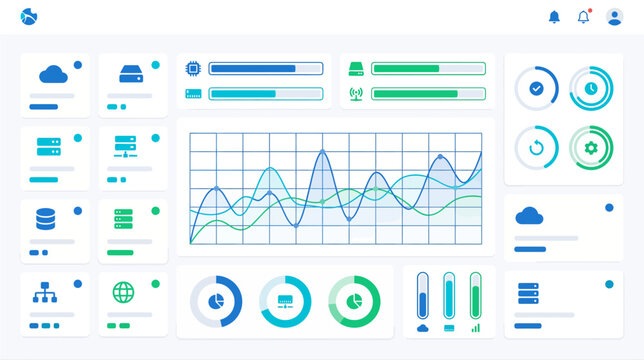 Futuristic data analytics dashboard interface with charts and gauges for monitoring.