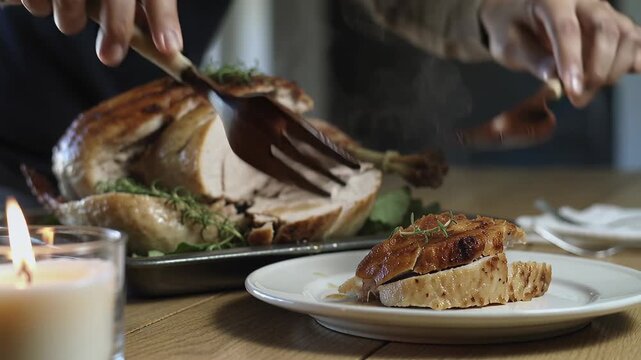 Carving candlelit roast, host's hands plating slices at home table for dinner, with fork, apron