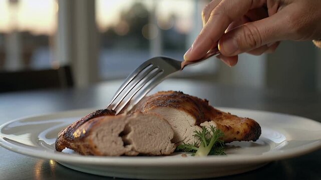 Probing sliced chicken breast with fork after right-hand reach at table, gray cuff testing doneness