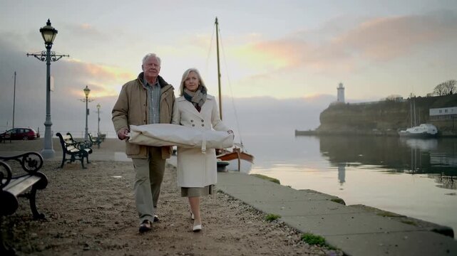 Starting walk senior couple in coat jacket carrying canvas sail toward moored sailboat on quay