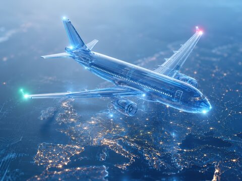 Digital Airplane Navigating Globe: A futuristic, transparent airplane rendered in a glowing blue digital style glides above a illuminated representation of the Earth.