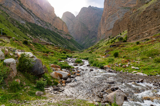 Scenery of mountain river in Chegem Gorge, North Caucasus