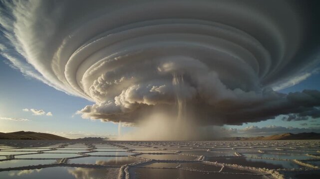 Central core releasing precipitation, massive concentric storm cloud dumping rain over salt pans