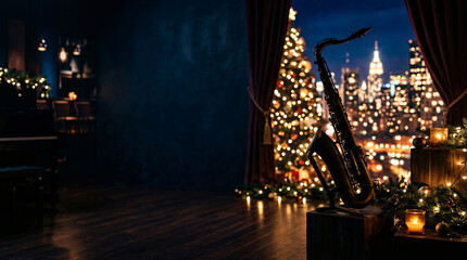 Obraz premium Saxophone silhouette standing in a festive room with Christmas tree. Jazz music theme for holiday celebration in the city.
