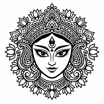 Goddess Durga Mandala Illustration With Lotus, Ornate Headdress and Floral Decorative Frame