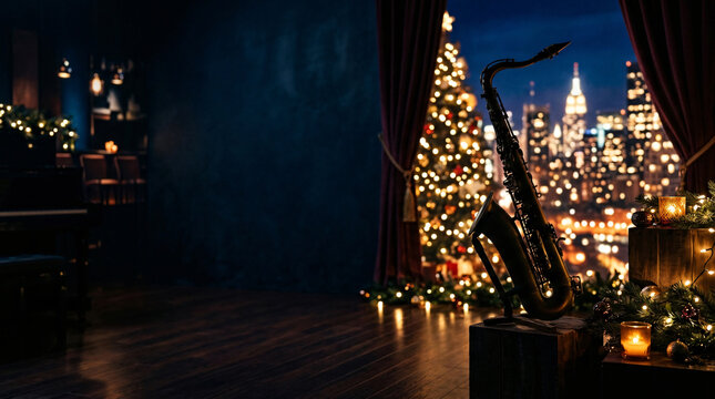 Saxophone silhouette standing in a festive room with Christmas tree. Jazz music theme for holiday celebration in the city.