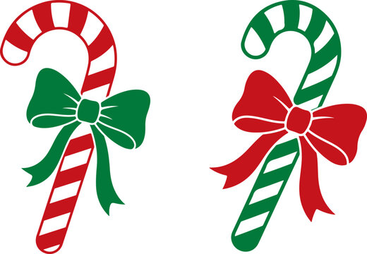 Two candy canes with bows in red and green festive vector illustration