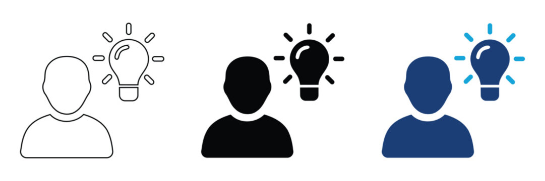 Silhouette of a person with a glowing light bulb above head symbolizing an idea in three different icon styles