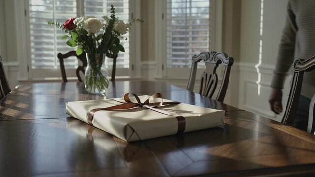 Approaching dining table, senior man in sweater finishing gift, tying ribbon near vase, copy space
