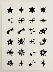 Fototapeta premium Collection of Minimalist Black Star and Celestial Icons Set on White Background for Graphic Design Projects