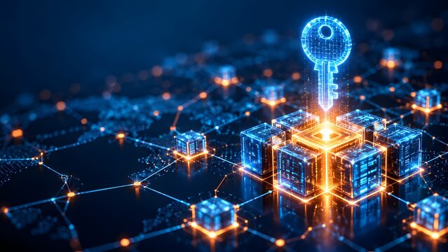 Glowing digital encryption key hovering over a futuristic data cube representing secure network access