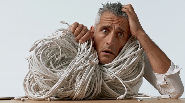 Funny man untangling a massive knot of cables with despair, humorous home organization photo