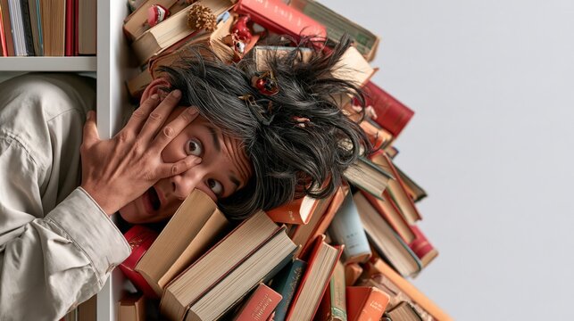 Funny woman buried by an avalanche of books while organizing a bookshelf, humorous photo