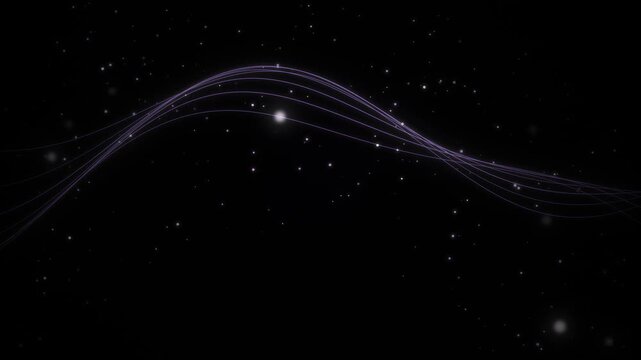 Violet wave lines flowing through sparkling particles on a black background. Elegant looping ribbon motion for events and presentations