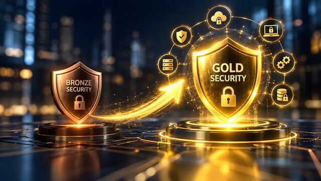 Upgrading cybersecurity plans concept showing transition from basic to premium gold security levels with glowing digital shields