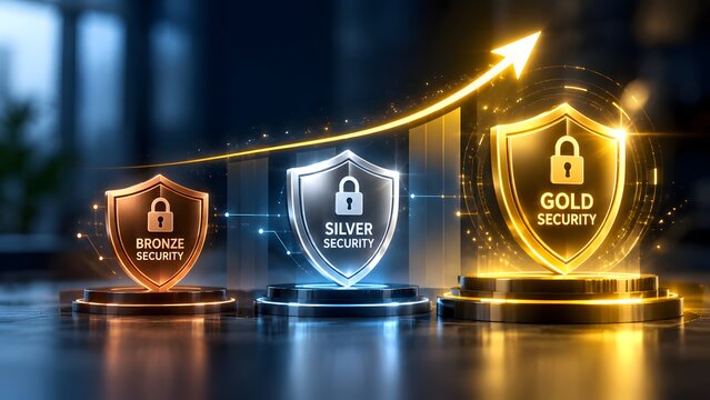 Three tiered security shields in bronze silver and gold representing cybersecurity subscription plans and data protection upgrades