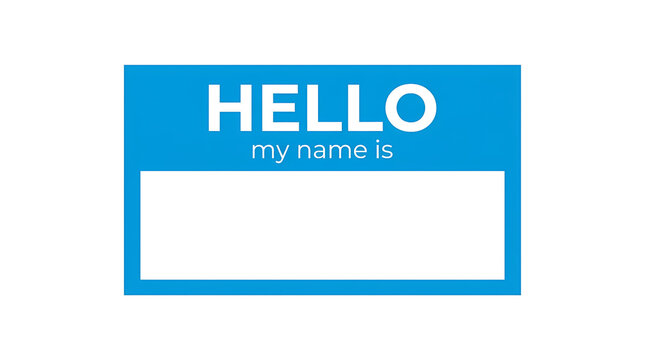 Hello Name Badge. Blue Identification Label. Personal Introduction Tag. Clean Flat Vector Illustration
