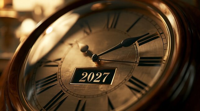 Close-up of an antique analog clock face with roman numerals, displaying the year 2027 in a central rectangular window, golden warm lighting