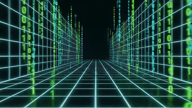 Futuristic digital data corridor with falling green binary code and glowing blue grid floor with glitch motion effects