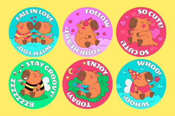 Fototapeta premium Cute groovy capybara round stickers collection vector illustration set. Six round badge labels featuring adorable capybara characters in funny scenes including romantic couple bee costume playing ukul