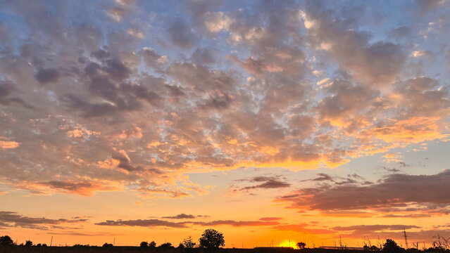Espectacular atardecer en el campo con un cielo cubierto de nubes dispersas iluminadas por tonos dorados, naranjas y violetas, mientras el sol se oculta en el horizonte recortando la silueta de los &aacute;r