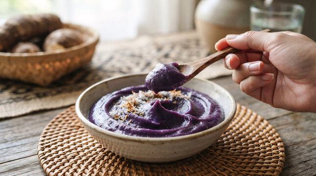 Traditional Bohol Ubi Kinampay halaya in a ceramic bowl, with a wooden spoon lifting the smooth deep violet purple yam dessert.