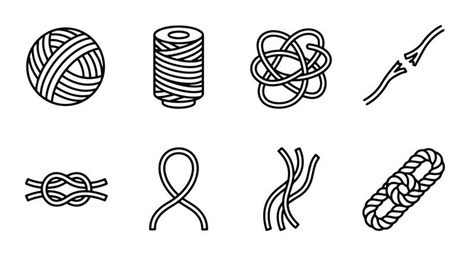 Vector Icons Set: Yarn Ball, Thread Spool, Knots, Rope Chain, String Elements