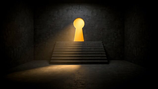 Glowing keyhole at the top of stairs representing opportunity access and success