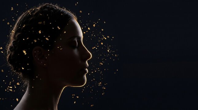 Silhouette profile of elegant woman highlighted by rim light with floating golden glitter particles on dark background with copy space