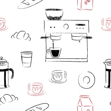 Seamless pattern with coffee machine, cups, espresso maker and coffee beans
